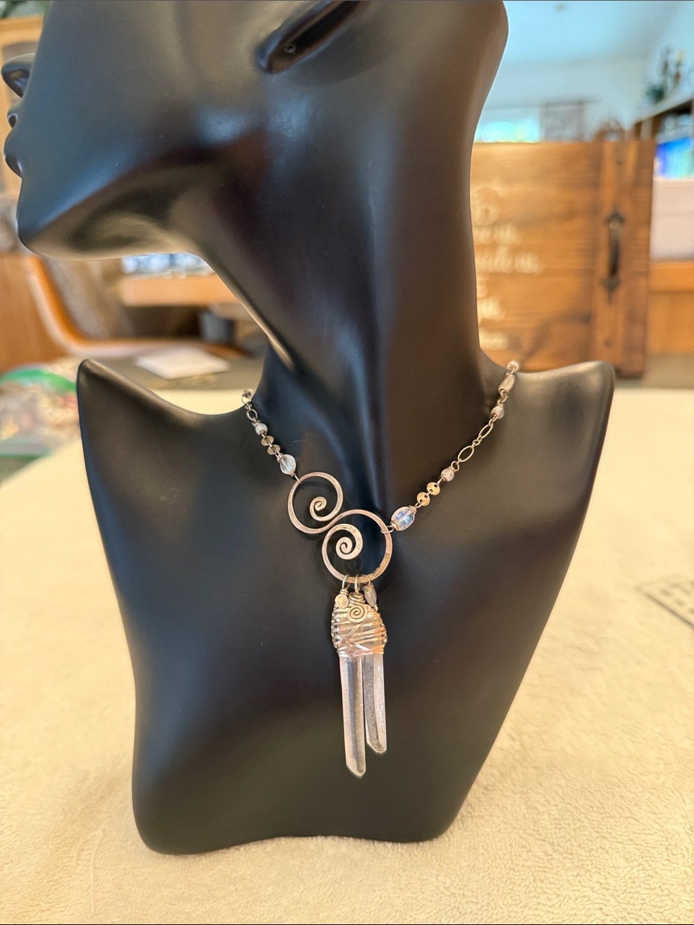 Handcrafted Artisan Sterling Silver Swirl Necklace with Clear Crystal Points